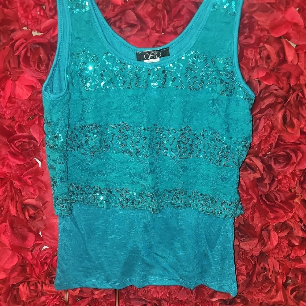 Deb Women's Teal Sequin Layered Tank Top Size Large